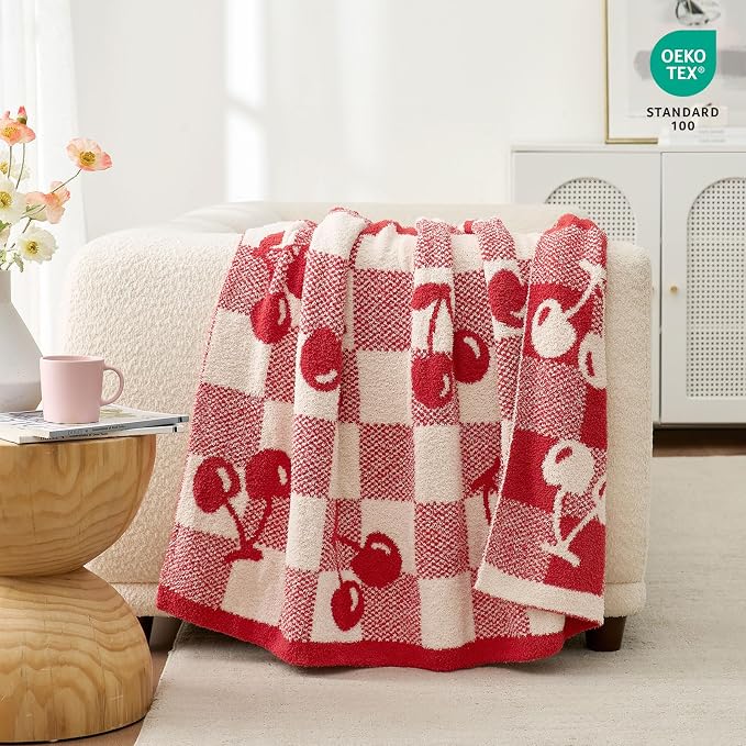 Snuggle Sac Red Cherry Throw Blanket for Couch, Microfiber Fluffy Warm Cozy Fuzzy Reversible Checkered Blankets for Sofa, Chair, Bed, 50x60 inches