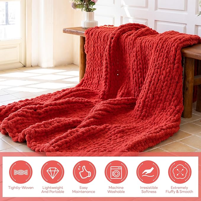Chunky Knit Blanket - Luxury Soft Cozy 60 * 80 Throw Blanket,100% Woven Blanket Rope Knot Throw Blanket for Couch, Sofa, Home Decor, Gift - Machine Washable (Wine red, 60 * 80)