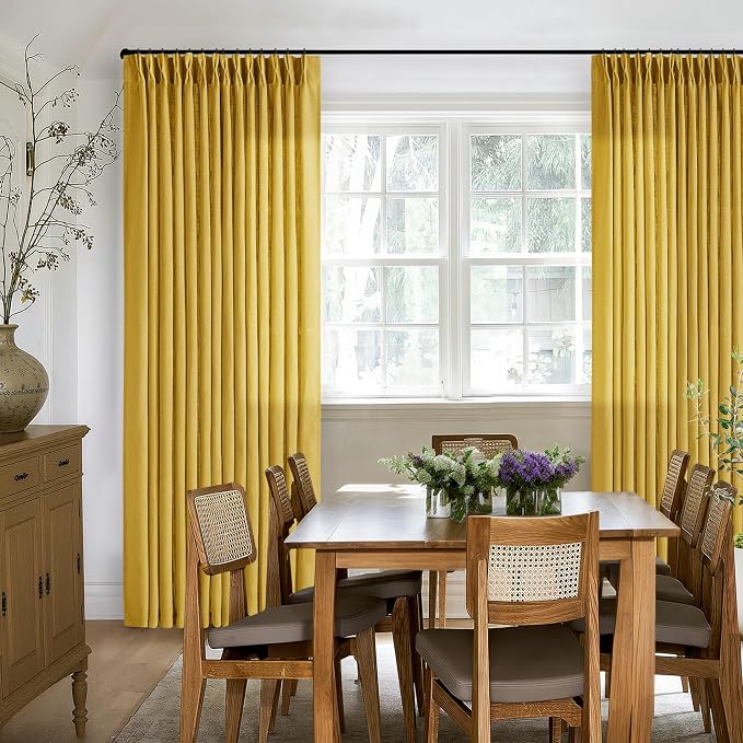 Mustard Yellow Pleated Semi Sheer Linen Curtains 120 Inches Long 2 Panel | Extra Long for Living Room Bedroom Ceiling Floor, Light Filtering, 400GSM Linen Fabric, Pinch Pleat Memory Shape Trained
