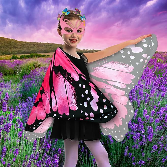 Kids Butterfly Wings Costume Girls Fairy-Wings Toddler Dress Up Play Costumes Butterfly Hair Clip Mask Party Favors (Pink Sets)