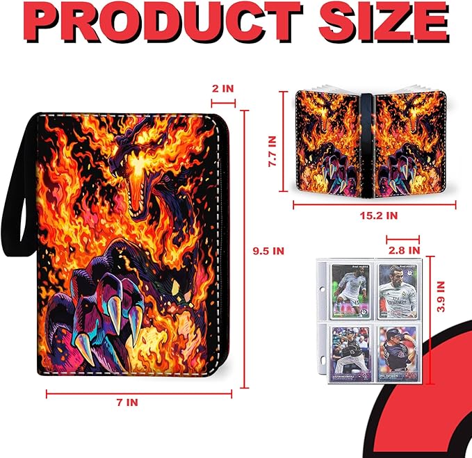 440 Card Binder 4 Pocke 3-Ring Trading Card Binder with 55 Page Removable Sleeves, High Storage Trading Card Holder Collection Card Album Carrying Organizer Case for TCG Cards-Fire Dragon