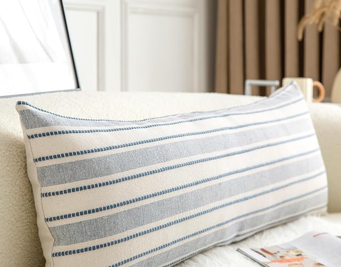 Cethom Decorative Boho Lumbar Pillow Covers, Modern Farmhouse Couch Pillowcase, 14 x 36 Long Accent Body Throw Pillow Covers, Sofa Bed Living Room Decor Cushion Case, Blue and Beige, Pack of 1