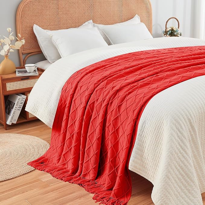 inhand Red Knitted Throw Blanket for Couch and Bed, 50"x60" | Gifts for Mom from Daughter Son, Soft Lightweight with Tassels, Farmhouse Warm Decorative Blanket for Women, Cozy Knit