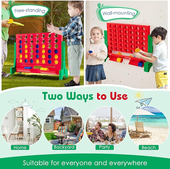 COSTWAY Giant 4 in a Row Game with Storage Carry Bag, Jumbo 4-to-Score Game with Chess, Quick Release Slider for Kids Adults, Indoor Outdoor Backyard, Free-Standing/Wall-mounting (Red&Green)