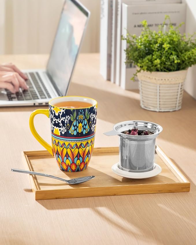 vancasso Ceramic Tea Cup with Infuser and Lid, 18 Ounce Tea Infuser Mug for Loose Leaf Tea, Microwave & Dishwasher Safe, Bohemian Mandala, Gift for Tea Lovers, Golden Lotus Mirage