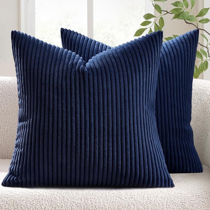 MIULEE Decorative Corduroy Throw Pillow Covers Set of 2 18x18 Dark Blue | Soft Striped Textured Cushion Cases, Boho Coastal Square Pillowcases for Home Decor, for Couch Chair Sofa Bed Living Room