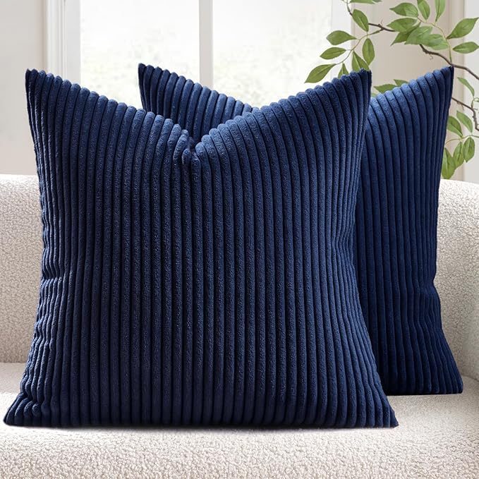 MIULEE Decorative Corduroy Throw Pillow Covers Set of 2 20x20 Dark Blue | Soft Striped Textured Cushion Cases, Boho Coastal Square Pillowcases for Home Decor, for Couch Chair Sofa Bed Living Room