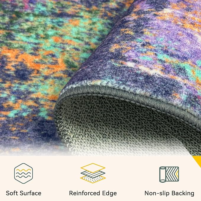 RELEANY Washable Square 8'x8' Area Rug for Living Room Purple Multi | carpet for bedroom, kitchen, office, hallway and entryway, printed pattern, non-slip, soft, stain-resistant, easy to clean