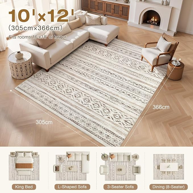 cotiled 10x12 Area Rugs Living Room Rug: Washable Boho Rugs with Non Slip Backing Large Soft Indoor Stain Resistant Carpet for Bedroom Farmhouse Dining Room Lightweight Home Decor Cream Brown
