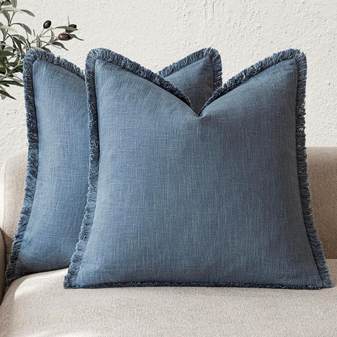 Foindtower Set of 2 Decorative Linen Fringe Throw Pillow Covers Cozy Farmhouse Cushion Cover with Tassels Accent Pillowcase for Couch Chair Sofa Bed Living Room Home Decor,18×18 Inch,Dark Blue