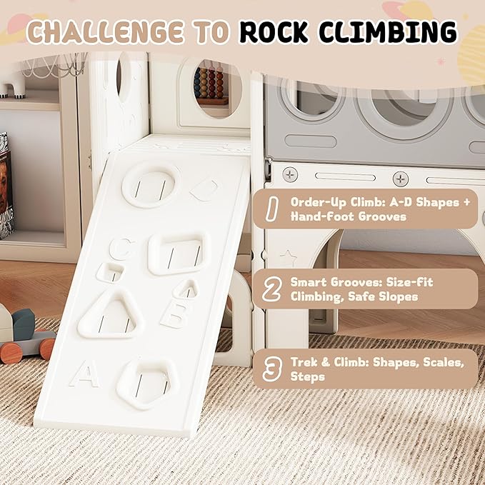 GITAWUSA 9 in 1 Toddler Slide Set Playground Indoor & Outdoor Fun for Kids & Babies Aged 1-3, Featuring Climbing Board, Basketball Hoop, Telescope, Storage Space and Non-Slip Steps, Gray & White