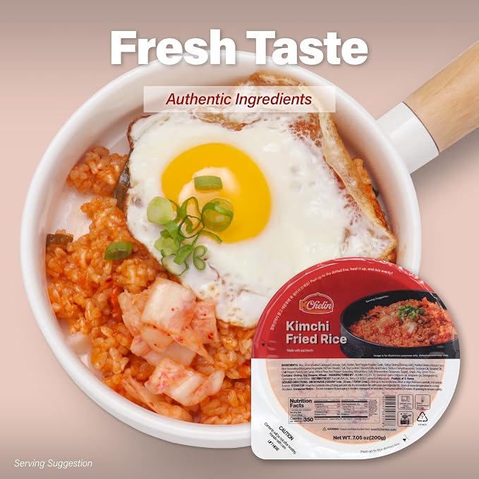 [KCHELIN] Microwaveable Korean Kimchi Fried Rice (Pack of 6), Korean Food, Instant, Quick & Delicious, Shelf- Stable, On-the-Go Meals, 7.05 oz per Bowl