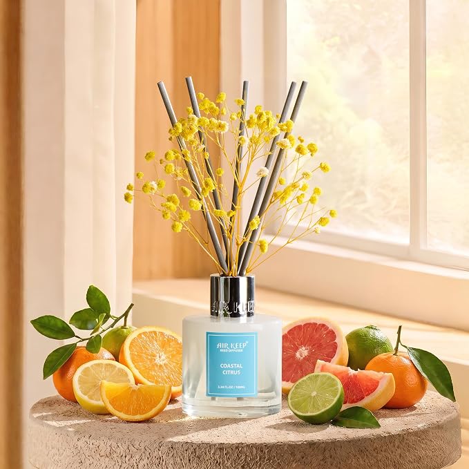 Airkeep Reed Diffuser Set,3.38 fl oz (100 ml) - Coastal Citrus Oil Diffusers with 8 Reed Sticks, Home Fragrance Reed Diffuser for Bathroom Shelf Decor