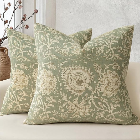 Vintage Floral Print Throw Pillow Covers 22x22 Set of 2 Neutral Modern Farmhouse Pillow Cases Accent Decorative Cushion Covers Boho Home Decor for Couch Sofa Chair Bed Living Room, Sage