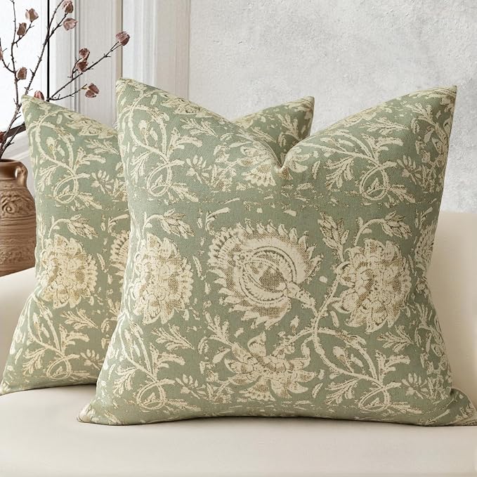 Vintage Floral Print Throw Pillow Covers 20x20 Set of 2 Neutral Modern Farmhouse Pillow Cases Accent Decorative Cushion Covers Boho Home Decor for Couch Sofa Chair Bed Living Room, Sage