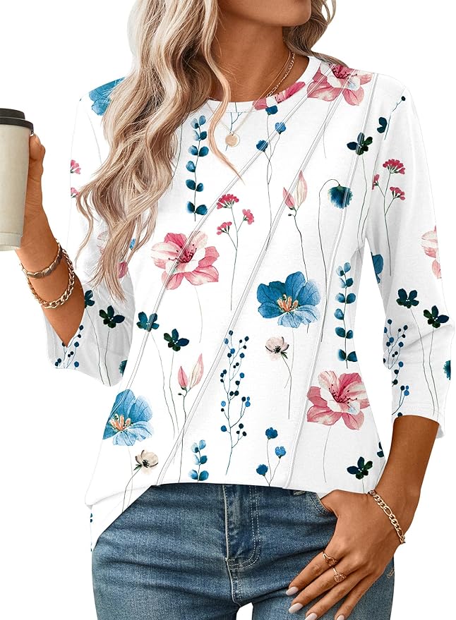 LOMON 3/4 Length Sleeve Womens Tops Spring Summer Fashion 2026 Tops Crew Neck Pleated Shirts Tunic Top Loose Fit