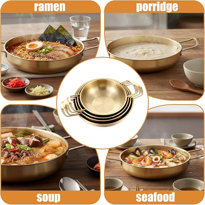 4 Pack Korean Ramen Noodle Pot, Stainless Steel Golden Stockpot with Handles Korean Cooking Pot Fast Heating Pot for Soup Noodles Pasta Home and Outdoor Use, Sizes 7.5", 8.3", 9", 10"