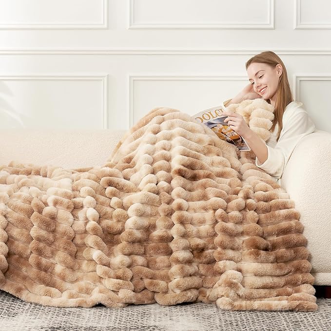 Cozy Bliss Faux Fur Throw Blanket for Couch, Cozy Warm Plush Striped Blanket for Sofa Bedroom Living Room, 60 * 80 Inches Tie-dye Khaki