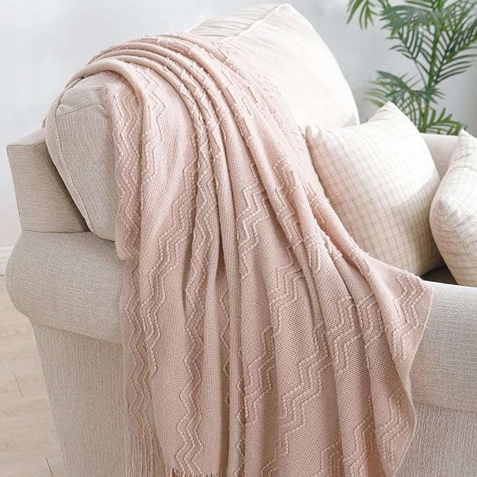 BOURINA Pink Throw Blanket 50x90 Inch Boho Knitted Soft Throw Sofa Blanket | Knitted Throw Blanket 50x90 Inches, Soft Lightweight Boho Weave Throw Decorative Couch Blanket for Living Room Bedroom Chair