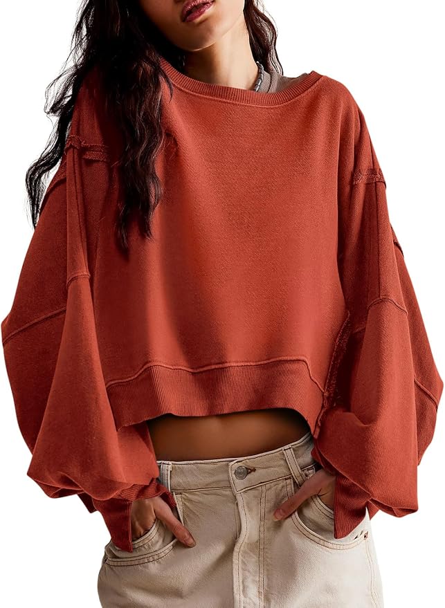 Zwurew Womens Casual Sweatshirt Cropped Shirts | Loose Fit, Tee Top, Pullover, Crop Hem, Design Trim, Daily Tops