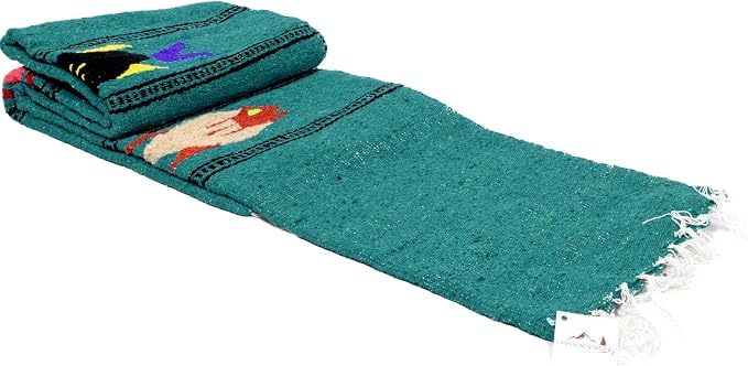 Open Road Goods Thick Mexican Yoga Blanket - Serape Fish Design - Handmade (Turquoise)