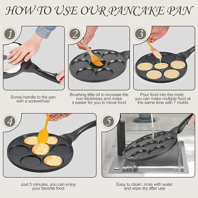 10.5" Pancake Pan Suitable for All Cooktops 7-Cup Pancake Maker 1-Pack | Black, PFOA Free, 7-Cup, Mini Silver Dollar Gril, Stay-Cool Handle, Mini Pancake Pan
