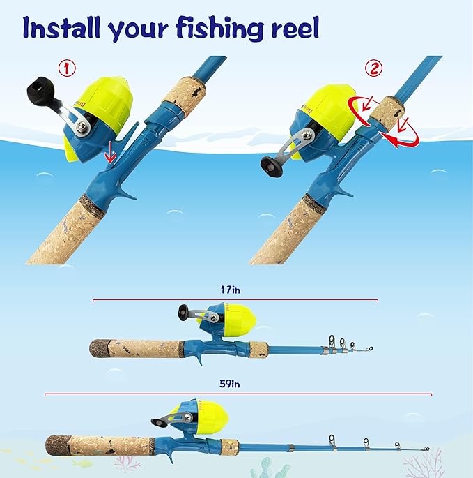 Kids Fishing Pole Set, Kids Fishing Rod and Reel Combo and Fishing Net Tackle Box with Lures Hooks and Bag for Boys Girls Youth Fishing