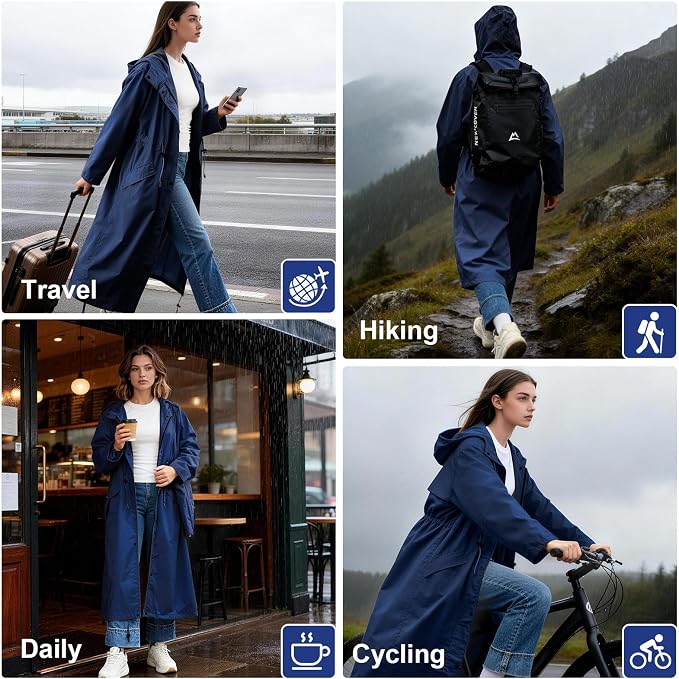 LAMA Womens Long Raincoats Rain Jacket Waterproof Packable Hooded Windbreaker Lightweight Adjustable Waist for Outdoor