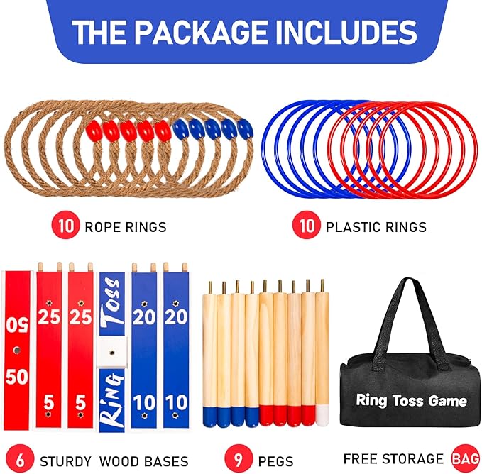 Indoor Outdoor Toys Games Upgraded Large Wooden Ring Toss Game Yard Games for Kids, Lawn Outdoor Games for Family with 10 Plastic Ring and 10 Ropes,1 Carry Bag