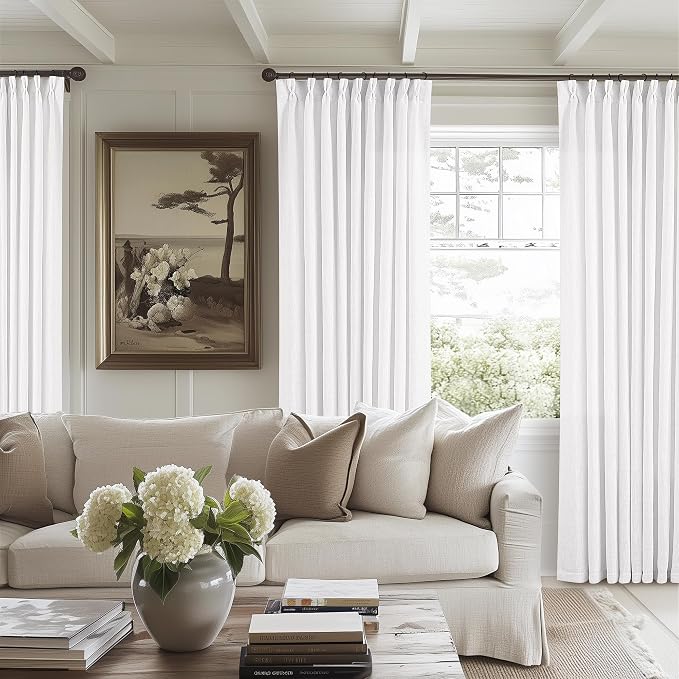 TWODRAPES Snow White Pinch Pleated Linen Curtains 1 Panel for Living Room Bedroom Memory Training Shaped Semi Sheer Pleat Drapes with Hooks Rings Light Filtering Window Curtain 60x108