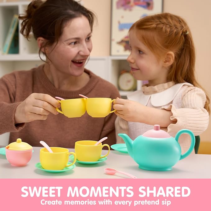 JOYIN 18PCS Pretend Tea Party Set Play Food Accessories BPA Free, Phthalates Free, Plastic Tea Set, Mini Kitchen for Kids, Gifts for Toddler Boys Girls, Easter Birthday Gifts