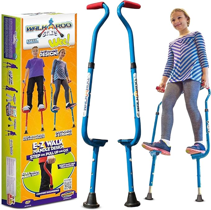 Original Walkaroo Steel 'Wee' Balance Stilts with Adjustable Height for Little Kids & Beginners (Ages 4+ and up to 120 lbs) For Active Play & Excercise; comes in Assorted Colors (Red or Blue)