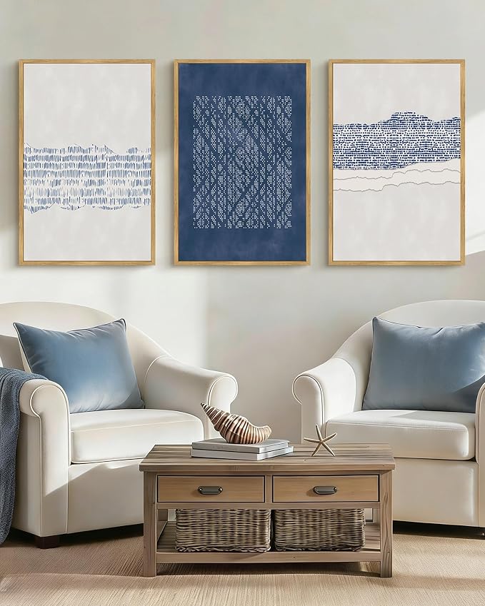 Drsoum Blue Abstract Boho Framed Wall Art Large 24x36in Minimalist Mid-Century Modern Wall Decor Geometric Artwork Kitchen Dining Room Black Framed