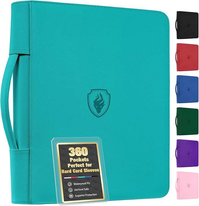 Fabmaker Top Load Binder Holds 360 Cards with Hard Card Sleeves, Portable Card Binder with Retractable Handle, Side Loading Trading Card Storage for Collectible Games, Sports Cards, Teal
