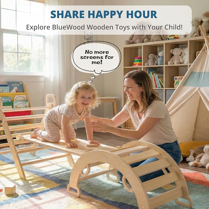 BlueWood Pikler Triangle Set, Toddler Wooden Climbing Toys Indoor 7in1 Climber, Foldable Kids Climbing Toys, Montessori Play Jungle Gym with Arch, Ramp, Ladder (Natural)