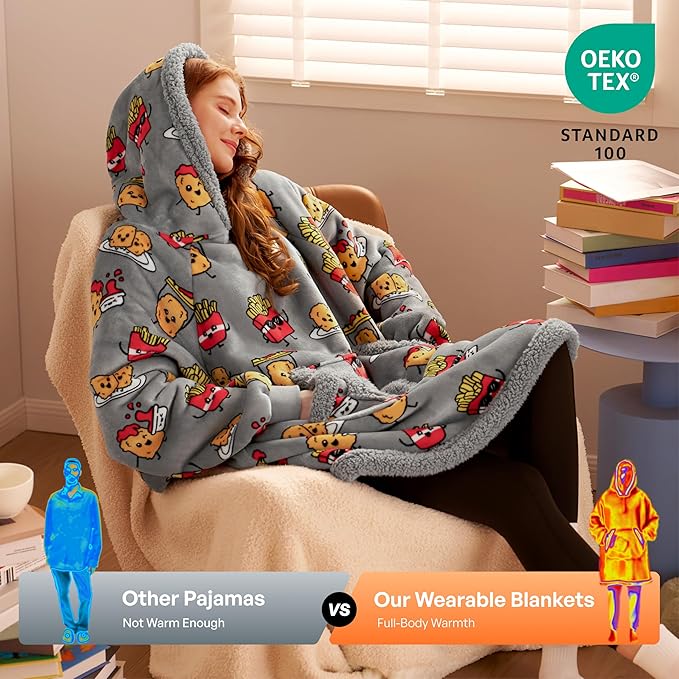 Giggling Getup Wearable Blanket Hoodie for Adults Gifts for Teen Girls Sister Women Sherpa Fleece Printed Hooded Blanket Sweatshirt Warm Cozy with Pocket & Sleeves Grey Chicken Nuggets Fries