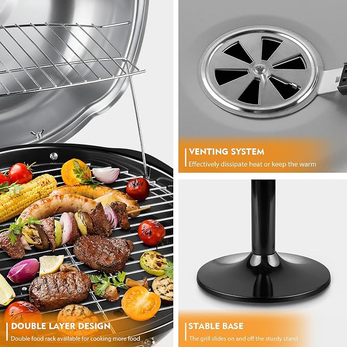 Electric Outdoor Grill Techwood 15-Serving Indoor/Outdoor Electric Grill for Indoor & Outdoor Use, Double Layer Design, Portable Removable Stand Grill, 1600W, Silver