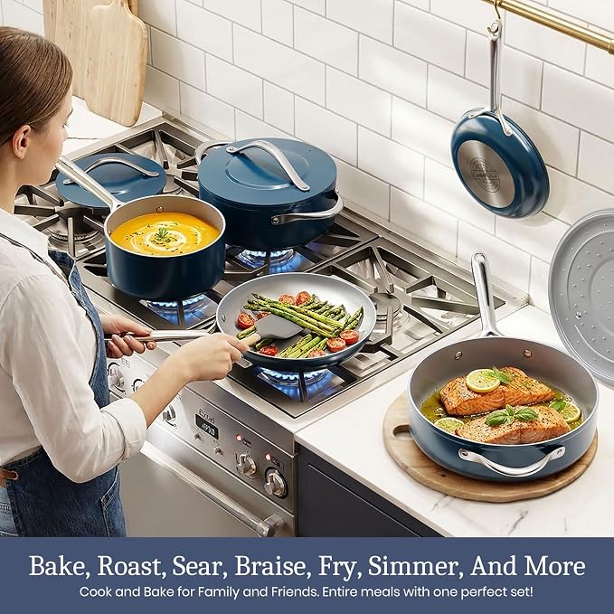 CookinCraze Premium Ceramic Frying Pan, 10 Inch Nonstick Skillet | for Healthy Everyday Cooking, PFAS & PTFE Free, Induction Compatible, Oven Safe up to 500°F, Stay-Cool SS Handle, Navy Blue