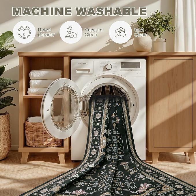 Round Area Rug for Living Room: 4 ft Washable Vintage Boho Soft Thin Circle Rug Indoor Floor No Slip Stain Resistant Carpet for Bedroom Dining Room Farmhouse Nursery Home Office - Black
