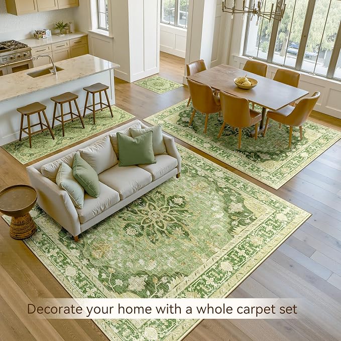 RELEANY Area Rugs Large 10'x14' Washable Non-Slip, Floral Vintage Distress Medallion Carpet for Living Room Bedroom Dining Room, Sage Green Yellow