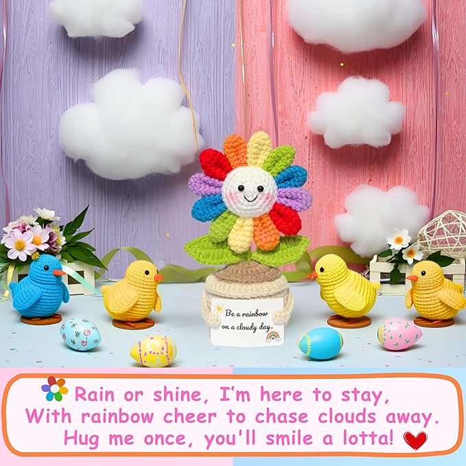 Emotional Support Crochet Flower in Rainbow Colors with Encouragement Card – Handmade Plush Decoration Gift for Desk, Office, Home – Thoughtful Gift for Women, Friends, Coworkers