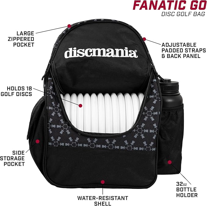 Discmania Fanatic Go Disc Golf Backpack | 18 Capacity + Top Pocket for 2 Putters | Lightweight, Durable Disc Golf Bag | Tall Side Pocket, Bottle Holder | Padded Straps & Water-Resistant Shell