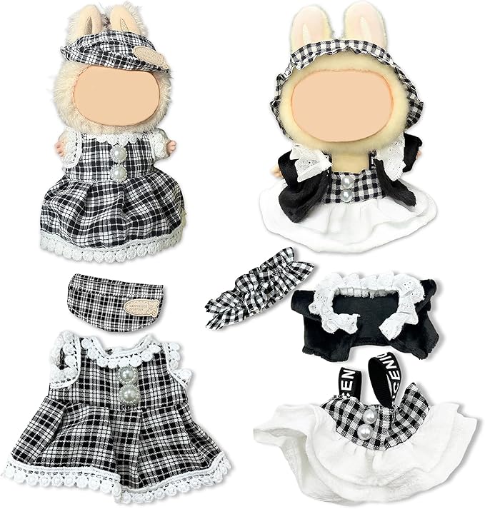 Doll Clothes for Labubu,Cute Outfit for 17cm Doll Clothe 2/3PCS Clothes and Hats Stylish Dolls Clothe for 17 cm Labubu,Casual Style Costumes for Labubu Dolls (Black White Skirt Set)