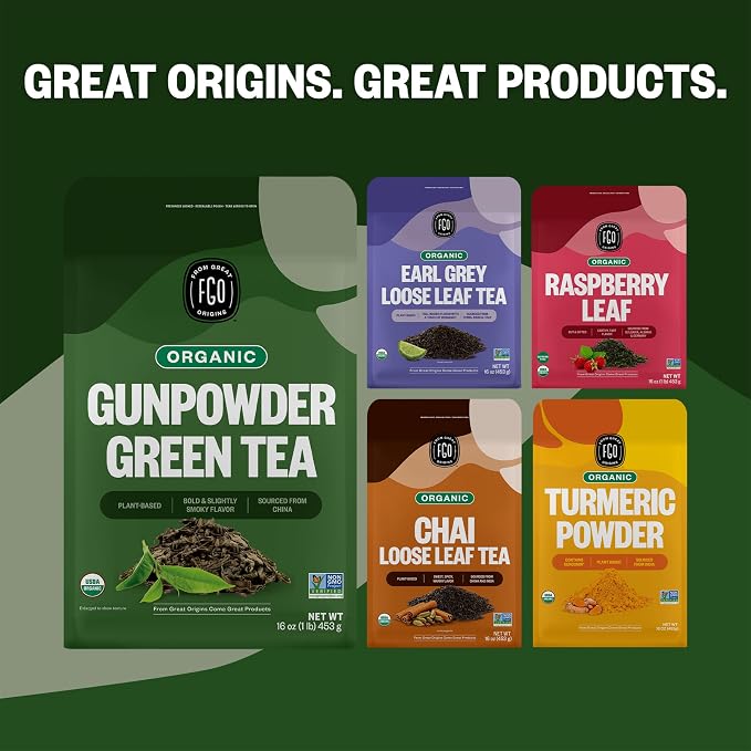 FGO Organic Gunpowder Green Tea, Loose Leaf, 453g Bulk Resealable Bag, Packaging May Vary (Pack of 1)