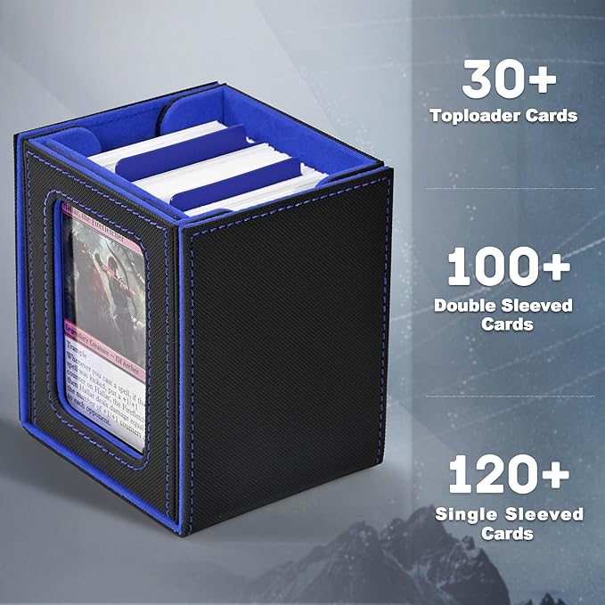 ZLCA MTG Deck Box with Commander Window Display, Trading Card Storage Box Holds 100 Double-Sleeved Cards Suitable for TCG/CCG/PTCG/EDH/Magic/Sport Cards (Black&Blue)