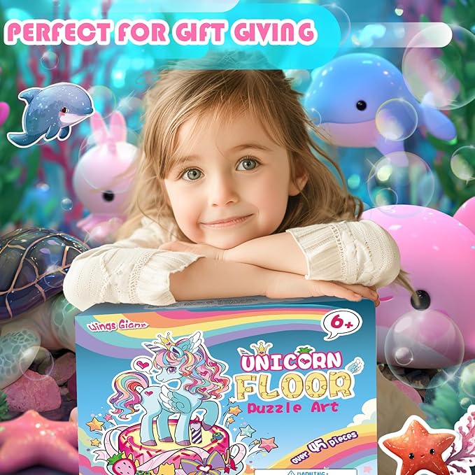 Large Shimmery Unicorn Floor Puzzle for Kids Ages 4-8, 45+ Pieces Large Jigsaw Puzzle for Kids&Toddler Ages 3 4 5 6 7 8, Educational Puzzels Unicorn Toys for Girls Unicorn Christmas Birthday Gift