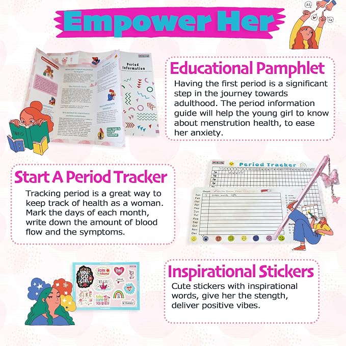 First Period kit for Girls | 23 PC Period Packs for Young Girls First Time | First Period Gift for Teen Girls with Sanitary Pad Storage Bag, Wipes, Bracelet, Eye Mask, Socks and More(Pink)