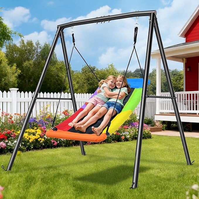 Trekassy Swing Sets for Backyard, 440lbs Heavy Duty A-Frame Metal Stand with 60" Large Platform Swing for Outdoor Playground Park (Black Frame + Rainbow Swing)（Patented）
