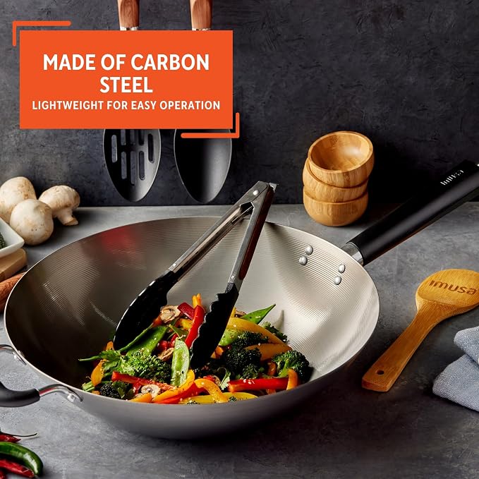 IMUSA USA Natural Wok with Triangle Handle 14-Inch, Silver | Natural Finish, Cool-Touch Wood and Helper Handle, Ideal for Stir-Frying, Perfect for Everyday Cooking