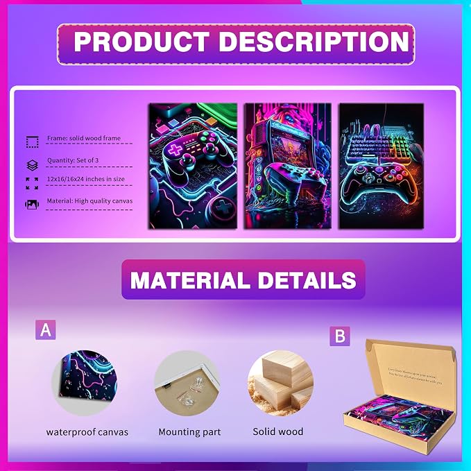 BGFCE Game Room Decor Posters Set of 3 - Neon Gaming Accessories Theme Canvas Wall Art, Gamer Console Paintings Picture Wall Decor for Children Youth Boys Bedroom 12x16 inch Framed